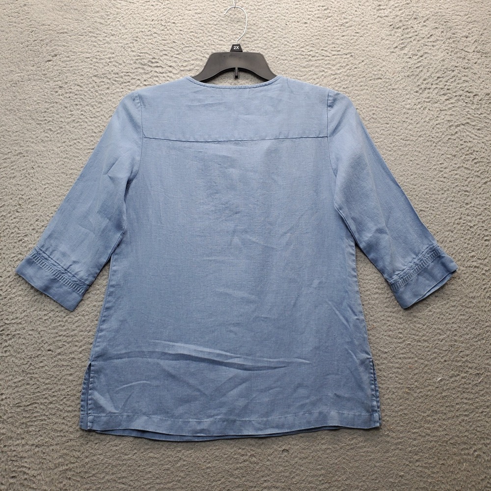 Ellen Tracy Tunic Top Women's S‎ Blue Embroidered Floral Cut V-Neck Slit Sleeve - Picture 2 of 8